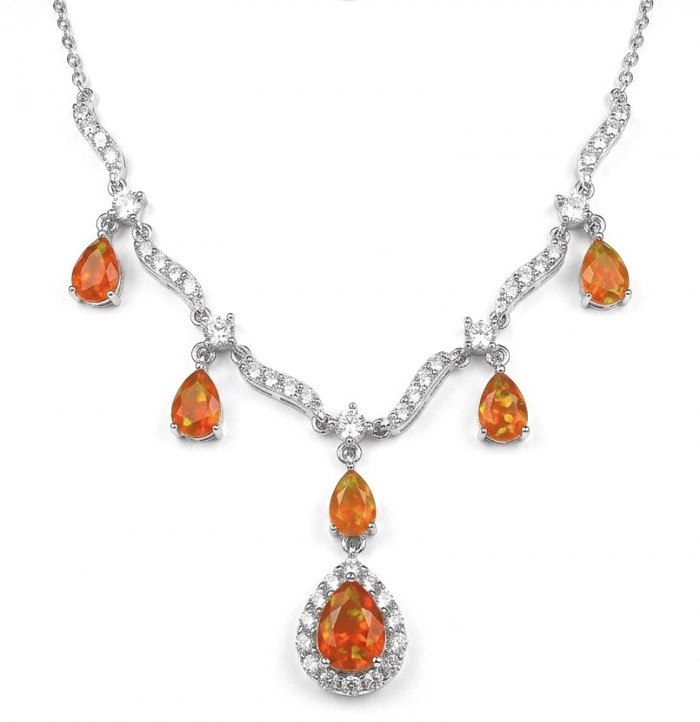 Unique 12.5 carat natural Mexican Fire Opal rhodium over .925 Sterling Silver brilliantly handcrafted necklace