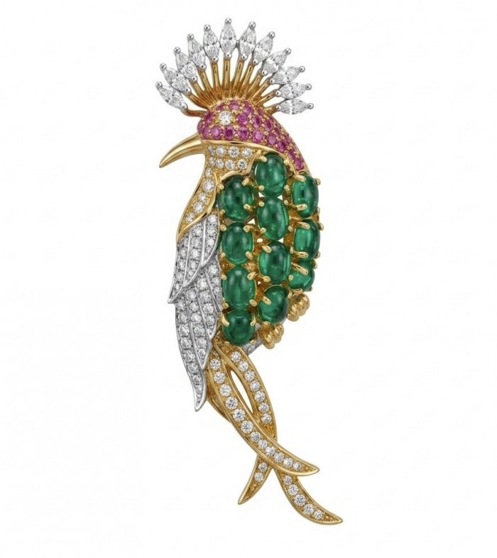 Precious Exotic Bird Natural 10.2 carat Colombian Emerald 2 tones .925 Sterling Silver Brooch