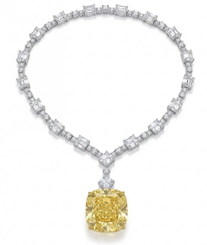 Iconic design - RARE BEAUTY - Valentina 108.2 carat asscher cut Yellow Sapphire .925 Sterling Silver dipped in rhodium Statement Necklace - video