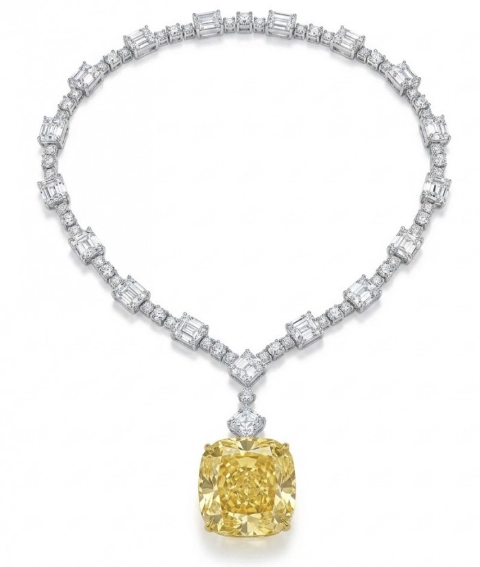 Iconic design - RARE BEAUTY - Valentina 108.2 carat asscher cut Yellow Sapphire .925 Sterling Silver dipped in rhodium Statement Necklace