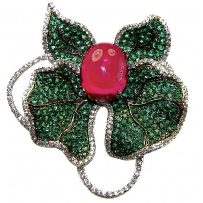 Giovanna - 18.5 carat Authentic Kashmir Ruby pave 4.2 carat Emerald .925 Sterling Silver handcrafted Pendant and Brooch