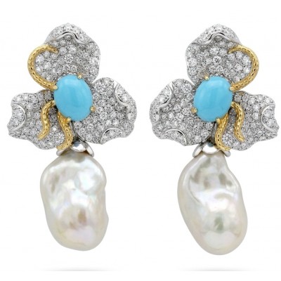 Precious Mother of Pearl 8.9 carat Sleeping Beauty Turquoise 18K Gold over .925 Sterling Silver handcrafted Earrings