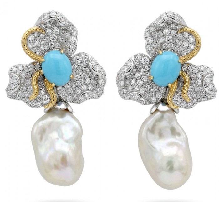 Precious Mother of Pearl 8.9 carat Sleeping Beauty Turquoise 18K Gold over .925 Sterling Silver handcrafted Earrings