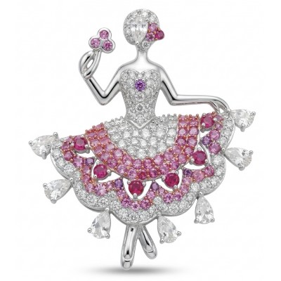 Ballerina - Precious 8.2 carat Colombian Ruby rhodium over .925 Sterling Silver handmade Pendant - Brooch