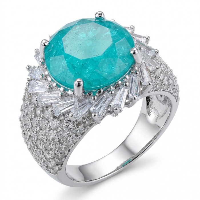 Elizabeth 14.8 carat Colombian Emerald .925 Sterling Silver dipped in Rhodium handcrafted Ring size 7