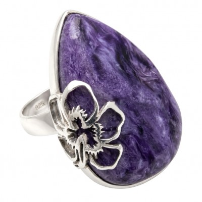 Large Natural Siberian Charoite .925 Sterling Silver handcrafted Large ring size 8 adjustable