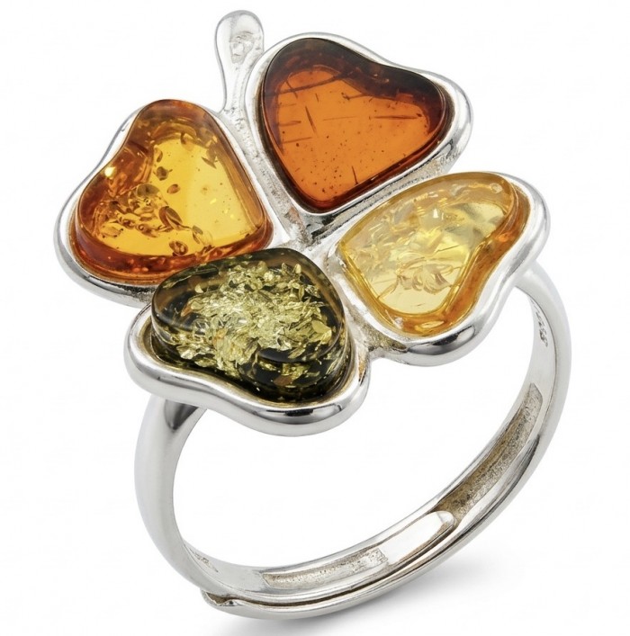 Flower Authentic Baltic Amber .925 Sterling Silver dipped in rhodium handcrafted ring; s. 7 adjustable