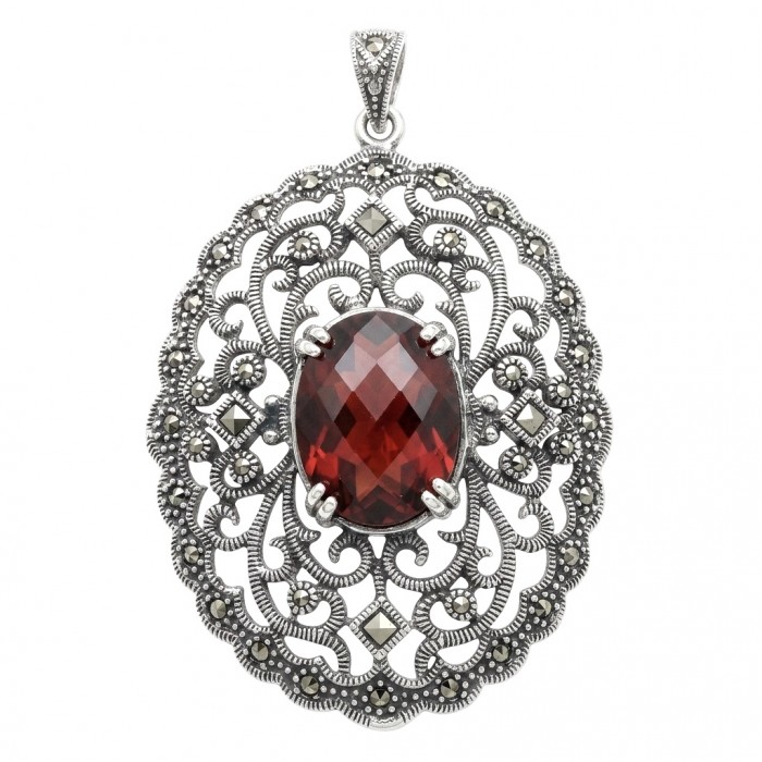Vintage Style - Precious - Genuine 14.5 carat Ruby Marcasite Rhodium over .925 Sterling Silver handmade Pendant