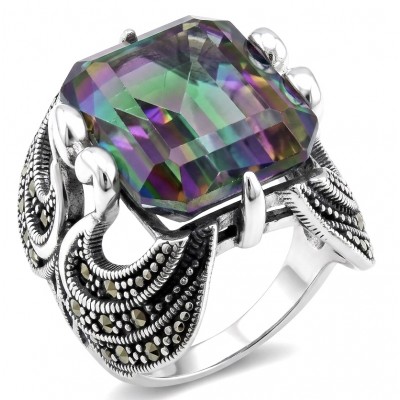 Two Swans Authentic 27.4 carat Mystc Topaz .925 Sterling Silver brilliantly handcrafted large Statement Ring size 8