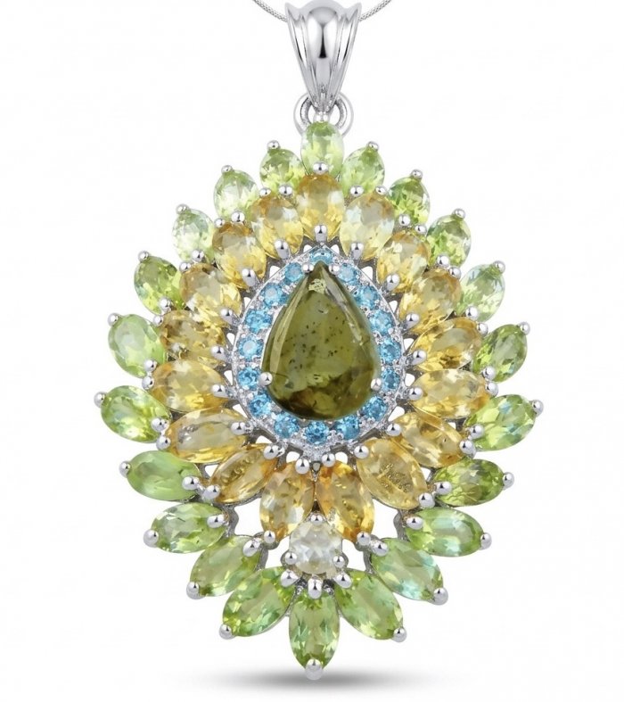 Blooming Garden 29.9 carat authentic Himalayan Peridot rhodium over .925 Sterling Silver Handcrafted Statement pendant - video