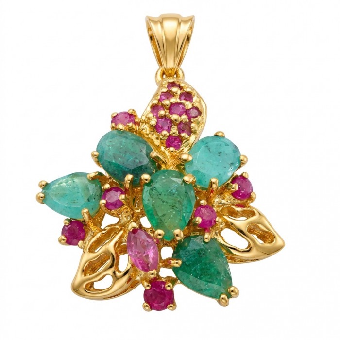 Amazonia - 12.8 carat Colombian Emerald 18k Gold over .925 Sterling Silver handmade Statement pendant