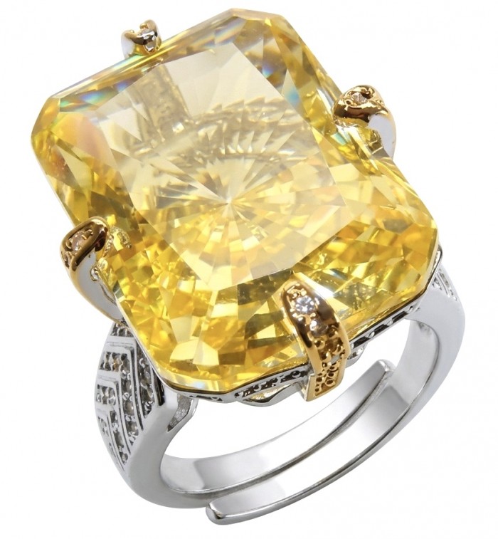 Solid 24.8 carat Genuine Yellow Sapphire 2 tones .925 Sterling Silver handcrafted ring size 8 adjustable