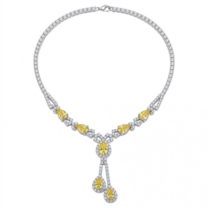 Luxurious pear cut 10.5 carat Yellow Sapphire rhodium over .925 Sterling Silver handcrafted necklace