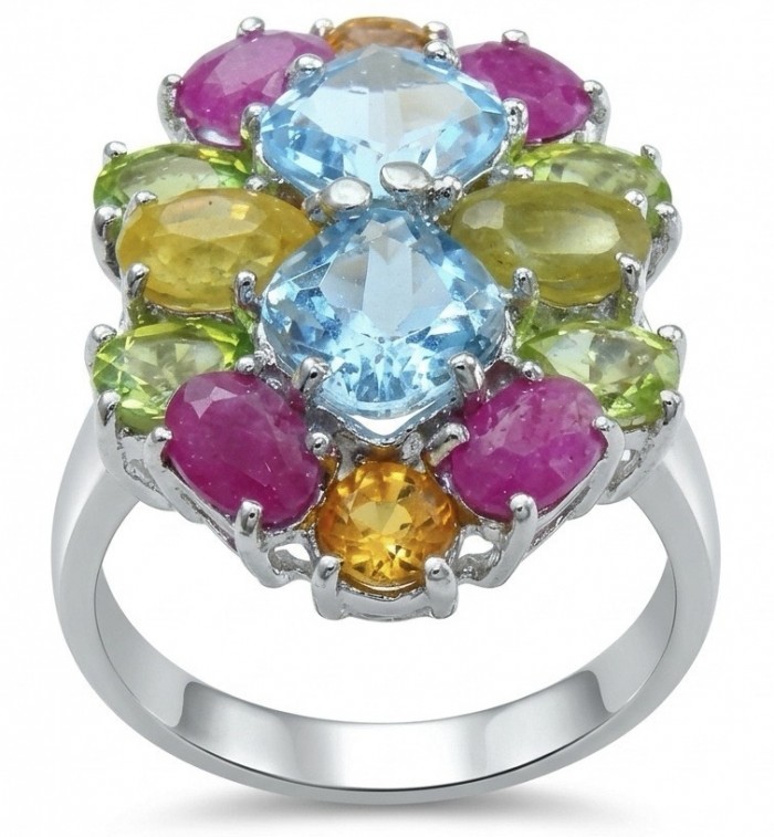 Countless Belssings Natural 23.8 carat Swiss Blue Topaz .925 Sterling Silver dipped in rhodium handmade Statement Ring size 8