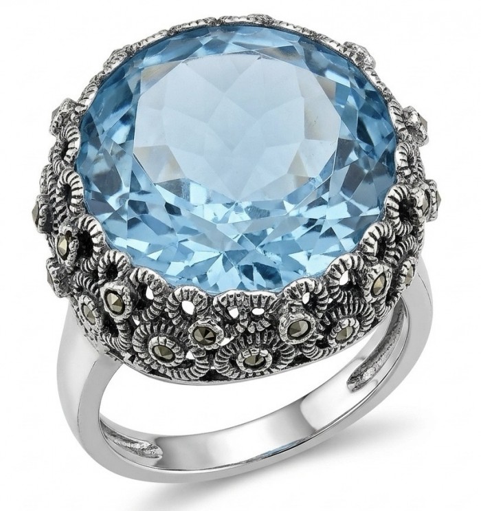 Massive Deep Blue 22.8 carat Aquamarine Marcasite .925 Sterling Silver handcrafted ring size 8