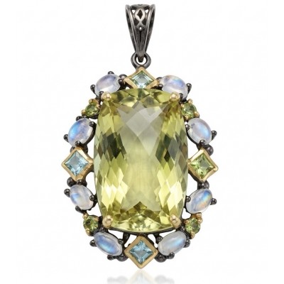 Perfection fancy emerald cut 30.3 carat Lemon Quartz black rhodium over .925 Sterling Silver handcrafted 2 tones pendant