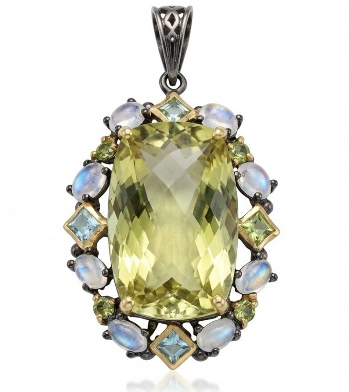 Perfection fancy emerald cut 30.3 carat Lemon Quartz black rhodium over .925 Sterling Silver handcrafted 2 tones pendant - video