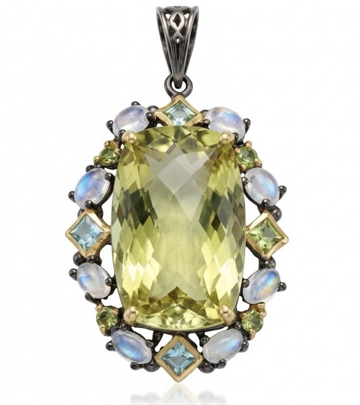 Perfection fancy emerald cut 30.3 carat Lemon Quartz black rhodium over .925 Sterling Silver handcrafted 2 tones pendant