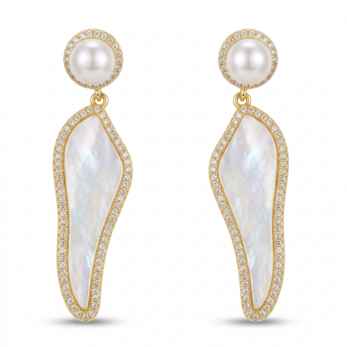 Luxurious Genuine Blister Pearl 0.4 CARAT lab grown Diamond 18K Gold over .925 Sterling Silver handcrafted Statement Earrings