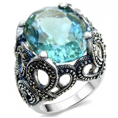 Massive Deep Blue 25.8 carat Aquamarine Marcasite .925 Sterling Silver handcrafted ring size 9