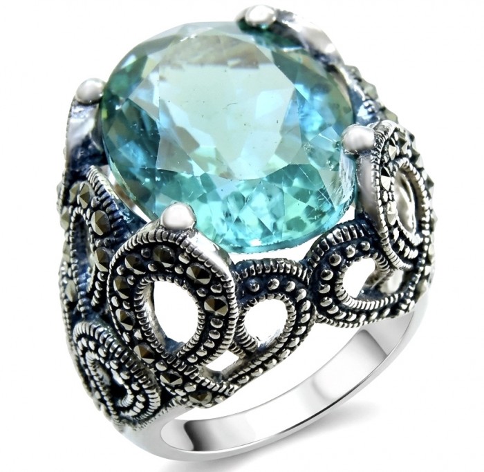 Massive Deep Blue 25.8 carat Aquamarine Marcasite .925 Sterling Silver handcrafted ring size 9