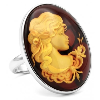 Beautiful Authentic Cameo carved Baltic Amber .925 Sterling Silver handcrafted ring; s. 7 adjustable