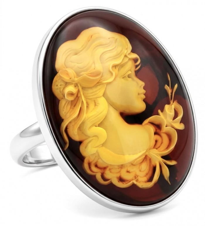 Beautiful Authentic Cameo carved Baltic Amber .925 Sterling Silver handcrafted ring; s. 7 adjustable