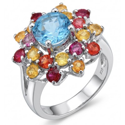Belssings Natural 12.8 carat Swiss Blue Topaz .925 Sterling Silver dipped in rhodium handmade Statement Ring size 8