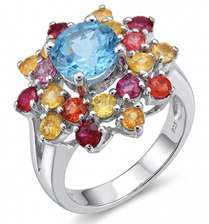 Belssings Natural 12.8 carat Swiss Blue Topaz .925 Sterling Silver dipped in rhodium handmade Statement Ring size 8 - video