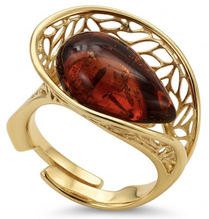 Authentic Baltic Amber 14K Gold over .925 Sterling Silver handcrafted ring; s. 7 adjustable