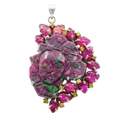 Picasso Carving 34ct Handmade Authentic best quality Ruby in Zoisite 14K Gold over .925 Sterling Silver Pendant