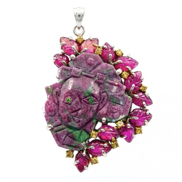 Picasso Carving 34ct Handmade Authentic best quality Ruby in Zoisite 14K Gold over .925 Sterling Silver Pendant - video