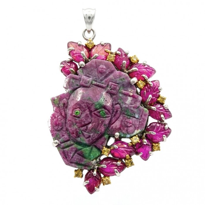 Picasso Carving 34ct Handmade Authentic best quality Ruby in Zoisite 14K Gold over .925 Sterling Silver Pendant