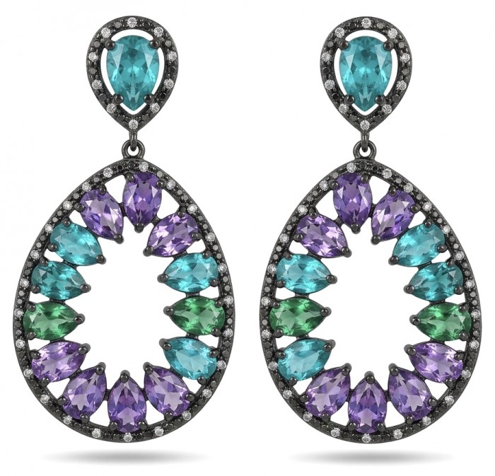 Angelina 17.9 carat authentic Aquamarine Amethyst black rhodium over .925 Sterling Silver Handcrafted Earrings