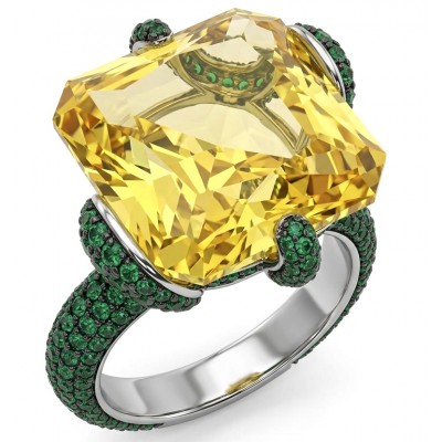 Solid 14.8 carat asscher Yellow Sapphire 4.2 carat pave Emerald .925 Sterling Silver handcrafted ring size 8