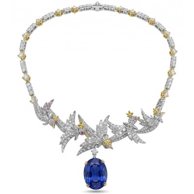 Freedom - Bird on a Rock 14.8 carat BRAZILIAN SAPPHIRE 22K Gold over .925 Sterling Silver handmade necklace
