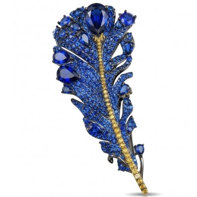 Magic Blue Feather Large 10.8 carats pave Sapphire .925 Sterling Silver DIPPED IN RHODIUM handmade Pendant - Brooch
