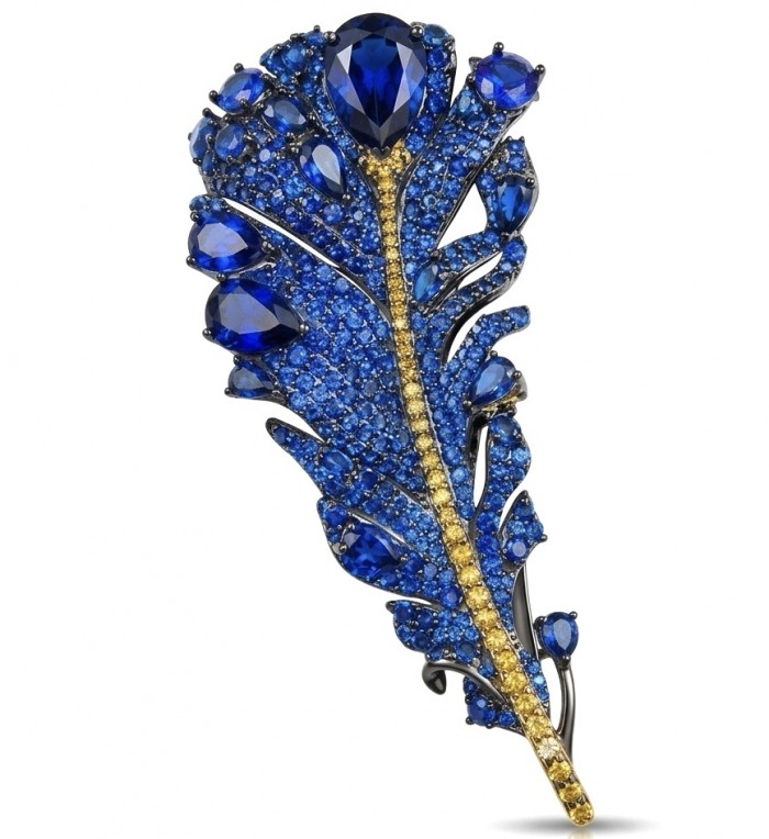 Magic Blue Feather Large 10.8 carats pave Sapphire .925 Sterling Silver DIPPED IN RHODIUM handmade Pendant - Brooch
