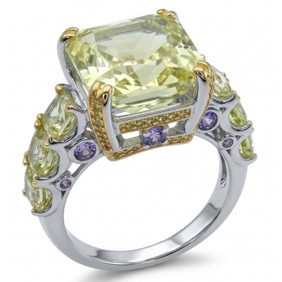 Wearable Art -princess cut - Solid 25.8 carat Genuine Yellow Sapphire .925 Sterling Silver dipped in rhodium handcrafted ring size 8