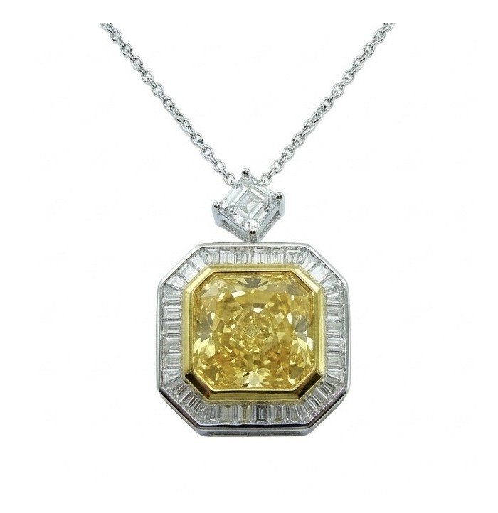 Art Deco - princess cut 15.8 carat YELLOW SAPPHIRE 2 tones .925 Sterling Silver dipped in Rhodium handcrafted necklace