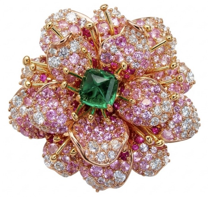 Giovanna - Authentic 4.2 carat Emerald .925 Sterling Silver dipped in 22K Rose Gold handcrafted Brooch