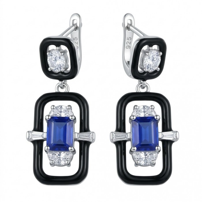 Art Deco 4.5 carat Sapphire black enamel .925 Sterling Silver handcrafted earrings