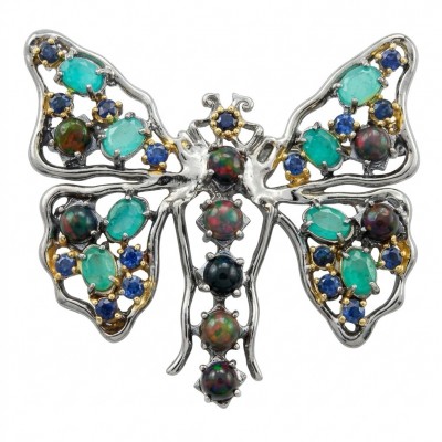 Incredible Butterfly Natural Black Opal Colombian Emerald 2 tones .925 Sterling Silver dippedin black rhodium handcrafted Brooch