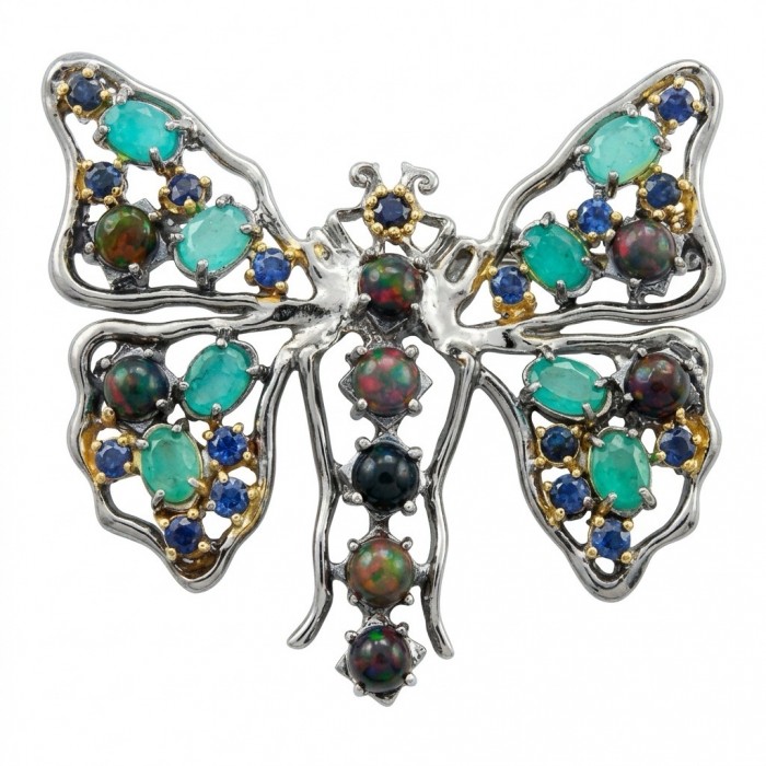 Incredible Butterfly Natural Black Opal Colombian Emerald 2 tones .925 Sterling Silver dippedin black rhodium handcrafted Brooch