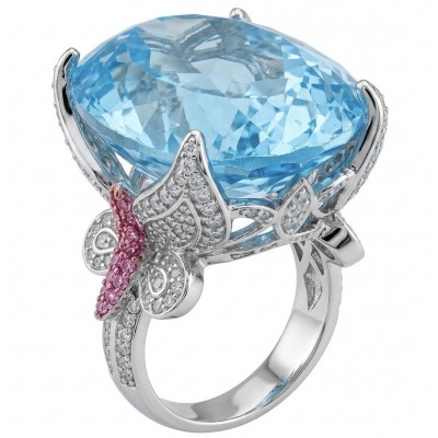 Pacifica - Authentic 30.8 carat Swiss Blue Topaz Rhodium over .925 Sterling Silver handcrafted Large Statement ring size 7 1/4
