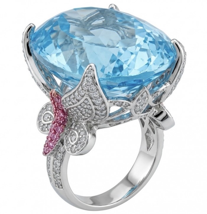 Pacifica - Authentic 30.8 carat Swiss Blue Topaz Rhodium over .925 Sterling Silver handcrafted Large Statement ring size 7 1/4