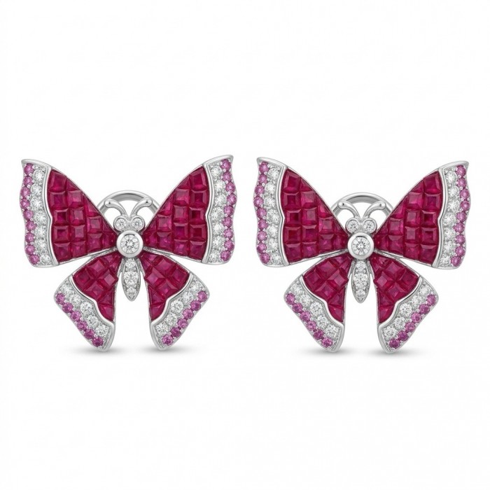 Natural 18.2 carat mystery setting Ruby Butterflies .925 Sterling Silver handcrafted earrings