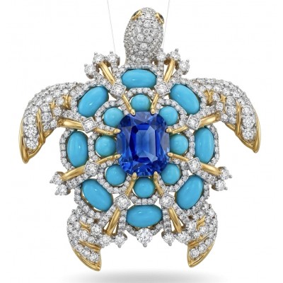 Blue Turtle Authentic 10.2 carat Swiss Blue Topaz Sleeping Beauty Turquoise rhodium over .925 Sterling Silver 2 tones handcrafted Statement Pendant Brooch