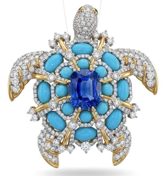 Blue Turtle Authentic 10.2 carat Swiss Blue Topaz Sleeping Beauty Turquoise rhodium over .925 Sterling Silver 2 tones handcrafted Statement Pendant Brooch - video