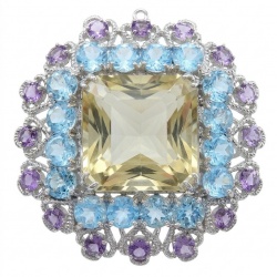Serenity asscher cut 59.8 carat Champagne Smoky Topaz rhodium over .925 Sterling Silver MASSIVE Brooch Pendant